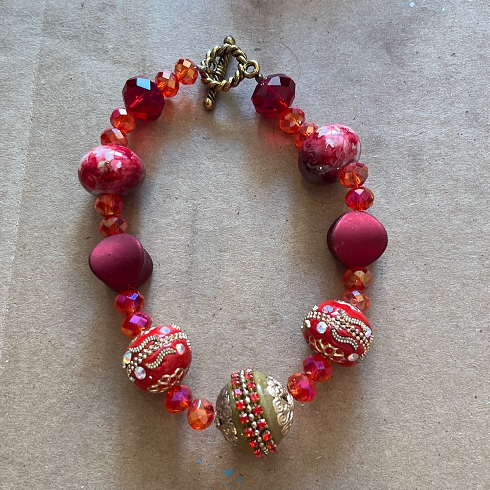 INDIA INSPIRED RED BEADED BRACELET , glass beaded and handmade large beads
